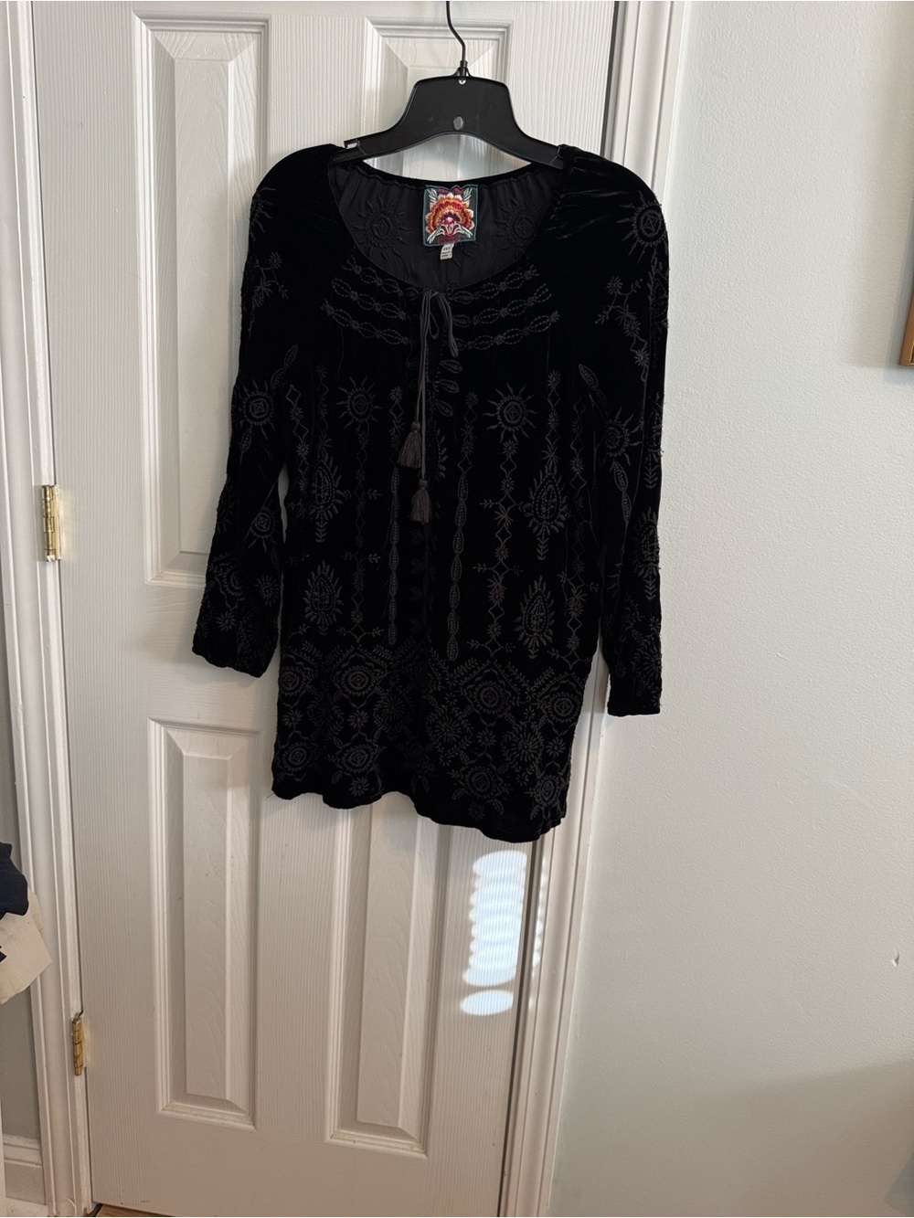 Johnny Was Velvet Embroidered Tie-Neck Tunic Top - Black